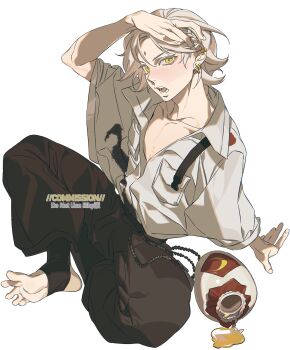 1boy arm_up bindi borrowed_character breast_pocket brown_pants center_opening collared_shirt colored_eyelashes commission ear_piercing full_body hand_on_own_head high_collar highres jar light_brown_hair long_sleeves looking_at_viewer male_focus mgong520 open_mouth original pants piercing pocket shirt short_hair simple_background sitting solo toeless_footwear white_background yellow_eyes