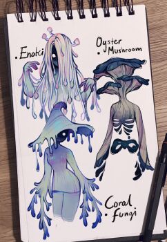 Rule 34 | 3girls, blank eyes, coral fungus, dress, enoki mushroom, feefal, fungi, ghost, hat, highres, long hair, mixed media, monster, monster girl, multiple girls, mushroom, mushroom girl, object head, original, oyster mushroom, procreate (medium), ribs, skeleton, traditional media, white hair, witch hat