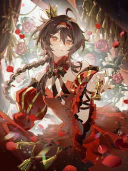 Rule 34 | 1girl, absurdres, ahoge, arm ribbon, black bow, black bowtie, black ribbon, bow, bowtie, braid, brooch, brown hair, chess piece, chinese commentary, collar, commentary request, cowboy shot, crown, curtains, detached collar, detached sleeves, dress, eyelashes, flower, hand up, head tilt, highres, holding, holding chess piece, indai (3330425), jewelry, long hair, looking at viewer, mini crown, nail polish, orange eyes, puffy sleeves, red collar, red dress, red flower, red nails, red rose, red sleeves, ribbon, rose, smile, solo, tassel, very long hair, vocaloid, vsinger (vocaloid), white background, yuezheng ling