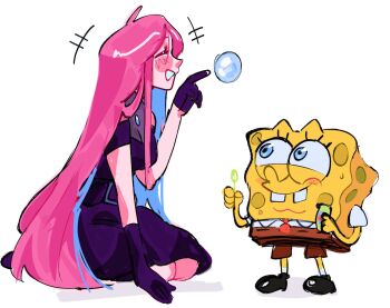 +++ 1boy 1girl alien_stage asymmetrical_gloves black_gloves black_shoes blue_eyes blue_hair brown_pants bubble bubble_wand buck_teeth closed_eyes colored_inner_hair commentary crossover english_commentary gloves half_gloves highres holding long_hair m0nacrose mizi_(alien_stage) multicolored_hair pants pink_hair shoes single_half_glove sitting smile sponge spongebob_squarepants spongebob_squarepants_(series) teeth two-tone_hair uneven_gloves very_long_hair