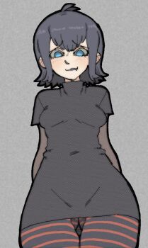 1girl antenna_hair black_dress black_hair black_lips blue_eyes blush breasts covered_navel cowboy_shot dress fang fang_out from_below gluteal_fold goth_fashion grey_background hands_behind hotel_transylvania looking_at_viewer mavis_dracula multicolored_pantyhose pantsu-ripper pantyhose sagging_breasts short_hair simple_background small_breasts striped_clothes thighs tight_clothes vertical-striped_clothes wide_hips