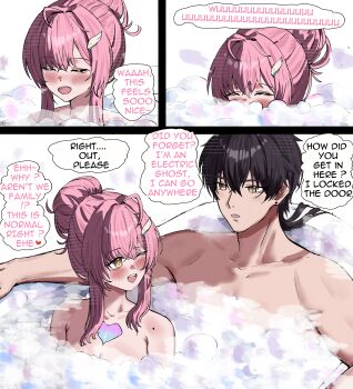 1boy 1girl 2na_(blue2na) absurdres adoptive_parent_and_adoptive_child aemeath_(wuthering_waves) ahoge black_hair blush breasts collarbone father_and_child father_and_daughter hair_between_eyes hair_bun hair_ornament hair_up highres looking_at_another male_rover_(wuthering_waves) medium_breasts mixed-sex_bathing mole mole_on_shoulder one_eye_closed open_mouth orange_eyes parent_and_child pink_hair revision rover_(wuthering_waves) shared_bathing smile tacet_mark_(wuthering_waves) toned toned_male wuthering_waves yellow_eyes