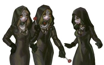 Rule 34 | 3girls, bela dimitrescu, black robe, blonde hair, blood, blood on face, candy, cassandra dimitrescu, circlet, commentary, daniela dimitrescu, english commentary, food, hand on own hip, highres, holding, holding candy, holding food, holding lollipop, hooded robe, lollipop, lollipop in mouth, long hair, looking at another, meltted, multiple girls, resident evil, resident evil village, robe, siblings, simple background, sisters, standing, white background, yellow eyes