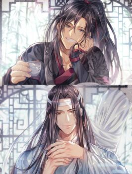 2boys ahoge alcohol bamboo black_hair black_hanfu chinese_clothes choko_(cup) closed_mouth cup grey_eyes grin guqin hair_ribbon hand_in_own_hair hand_on_own_cheek hand_on_own_face hand_up hanfu head_rest headband high_ponytail holding holding_cup implied_yaoi indoors instrument_case lan_wangji lattice light_particles long_hair long_sleeves looking_at_viewer male_focus modao_zushi multiple_boys multiple_views own_hands_together parted_bangs ponytail red_ribbon ribbon robe round_window sidelocks sleeves_past_wrists smile soubi1022 split_screen upper_body wangji_guqin wei_wuxian white_hanfu white_headband wide_sleeves window yellow_eyes