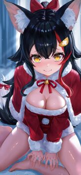 1girl absurdres animal_ears barefoot black_hair breasts capelet cleavage closed_mouth commentary double-parted_bangs dress english_commentary flipped_hair fur-trimmed_capelet fur-trimmed_dress fur_trim hair_between_eyes hair_ornament hairclip highres hololive indoors large_breasts long_hair long_sleeves looking_at_viewer maverick_(mvk022) multicolored_hair ookami_mio ponytail red_capelet red_dress red_hair santa_costume santa_dress sidelocks sitting smile solo spiked_hair streaked_hair tail very_long_hair virtual_youtuber wolf_ears wolf_girl wolf_tail yellow_eyes