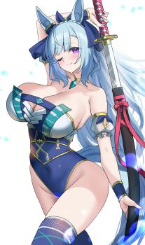 1girl absurdres alternate_costume animal_ears arm_behind_head arm_up armpit_crease bare_shoulders blue_corset blue_hair blue_leotard blue_thighhighs blush braid breasts cleavage closed_mouth corset covered_navel cowboy_shot crown_braid detached_sleeves diamond_choker ear_covers ear_ornament fingernails gold_choker gold_trim highres holding holding_sheath holding_sword holding_weapon horse_ears horse_girl horse_tail kibihimi large_breasts leotard long_hair looking_at_viewer mejiro_ardan_(umamusume) one_eye_closed pink_nails puffy_detached_sleeves puffy_sleeves purple_eyes scabbard sheath simple_background skindentation smile solo sparkle strapless strapless_leotard sword tail thighhighs thighs umamusume unsheathing weapon white_background