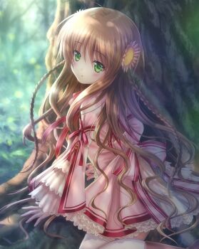 Rule 34 | 1girl, ahoge, blush, braid, brown hair, commentary request, dappled sunlight, day, dress, feet out of frame, flower, forest, frilled dress, frills, goto p, green eyes, hair flower, hair ornament, juliet sleeves, kanbe kotori, kazamatsuri institute high school uniform, long hair, long sleeves, looking ahead, nature, outdoors, parted lips, pink dress, pink flower, puffy sleeves, rewrite, school uniform, short dress, solo, sunlight, thighhighs, tree, twin braids, very long hair, wavy hair, white thighhighs, wide sleeves