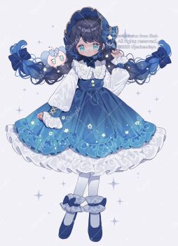 1girl artist_name black_hair blue_bonnet blue_hair blue_shoes blue_skirt blush bonnet braid closed_mouth collared_shirt commentary commission frilled_shirt_collar frilled_skirt frilled_sleeves frills full_body gradient_hair green_eyes highres long_hair long_sleeves looking_at_viewer multicolored_hair pantyhose re:flow salvia_(re:flow) sample_watermark shirt shoes simple_background skeb_commission skirt smile solo standing twin_braids upa_papa_co virtual_youtuber watermark watermark_grid white_background white_pantyhose white_shirt