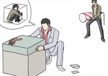 2boys black_gloves black_hair black_pants christmas_present collared_shirt commentary dagger english_commentary eyepatch facial_hair formal_clothes gift gloves goatee grey_suit holding holding_dagger holding_knife holding_weapon jacket kiryu_kazuma knife letter majima_goro male_focus multiple_boys open_clothes pants party_popper red_shirt ryuu_ga_gotoku_(series) shirt short_hair sideburns speech_bubble srph_rgg suit thought_bubble weapon white_suit yakuza