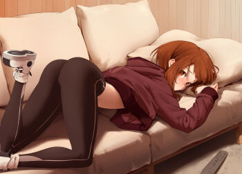 1girl ass black_pants blush boku_no_hero_academia brown_eyes brown_hair brown_hoodie controller couch highres hood hood_down hoodie indoors kuroneko_pantsu leggings long_sleeves looking_at_viewer lying midriff_peek on_stomach pants remote_control shoes sneakers solo tight_clothes tight_pants uraraka_ochako white_shoes yoga_pants