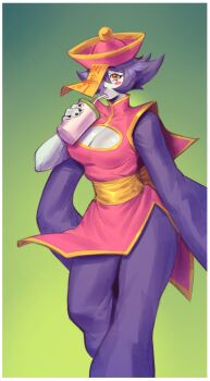 Rule 34 | 1girl, absurdres, blue skin, blush stickers, breasts, chinese clothes, cleavage, cleavage cutout, clothing cutout, colored skin, commentary, cup, darkstalkers, english commentary, hair between eyes, hat, highres, holding, holding cup, hsien-ko, jiangshi, large breasts, looking at viewer, ocorvo r, ofuda, purple hair, qingdai guanmao, sash, short hair, solo, yellow sash