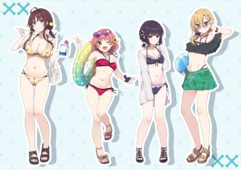 :t ;d ahoge arm_up bag ball bare_arms bare_shoulders beachball bikini black_bikini black_hair black_sandals black_scrunchie blonde_hair blue_background blue_bow blue_eyes blue_nails bone_hair_ornament border bow breasts brown_bikini brown_eyes brown_hair brown_sandals cartoon_bone cleavage closed_mouth collarbone commentary_request cup disposable_cup eating eyewear_on_head flower food food_print frilled_bikini frills fruit_print full_body gluteal_fold green_eyes groin hair_between_eyes hair_bow hair_flower hair_ornament hair_over_shoulder hair_scrunchie halterneck hand_up hands_up heart heart-shaped_eyewear highleg highleg_bikini holding holding_ball holding_cup holding_spoon innertube jacket jewelry large_breasts long_hair looking_at_viewer low_ponytail low_twintails medium_breasts multi-strapped_bikini_bottom nagami_yuu nail_polish navel o-ring o-ring_bikini o-ring_bottom o-ring_top off-shoulder_bikini off_shoulder one_eye_closed open-toe_shoes open_mouth original pendant pink-framed_eyewear pink_nails plastic_bag ponytail print_bikini red_bikini red_eyes sandals scrunchie shaved_ice short_hair short_twintails side-tie_bikini_bottom skindentation skull_hair_ornament smile spoon standing standing_on_one_leg sunflower sunflower_hair_ornament sunglasses swim_ring swimsuit thigh_gap toenail_polish toenails twintails w white_border white_bow white_jacket wrist_bow yakisoba yellow_flower
