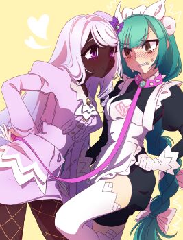 2girls absurdres apron ascot black_romper blush bow braid braided_ponytail brooch center_frills clenched_teeth collar cowboy_shot dark_skin dress eye_contact fascinator fishnet_pantyhose fishnets frilled_ascot frills frown gloves green_hair hair_bow hair_ornament hand_on_own_hip heart highres holding holding_leash jacinthe_(pokemon) jewelry juliet_sleeves kaeratts knee_up leaning_forward leash long_braid long_hair long_sleeves looking_at_another low_drills maid_apron maid_headdress master_and_servant multiple_girls multiple_hair_bows nintendo pantyhose pencil_dress pet_play pokemon pokemon_legends:_z-a puffy_sleeves purple_dress purple_eyes purple_hair romper sharp_teeth single_braid smile spiked_collar spikes sweatdrop teeth thighhighs v-shaped_eyebrows very_dark_skin very_long_hair white_bow white_gloves white_thighhighs yuri