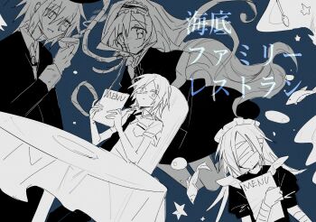 2boys 2girls apricot_tea_(kururingo) capelet chair collared_shirt commentary_request cup dress drinking_glass fish hairband highres holding holding_cup holding_menu kaitei_family_restaurant_(vocaloid) kururingo lemon_candy_(kururingo) long_hair looking_at_viewer maid_(kururingo) menu multiple_boys multiple_girls necktie older_brother_(kururingo) shiro_(pixiv_50279688) shirt short_hair sitting skirt table teacup wavy_hair