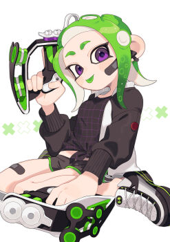 Rule 34 | 1girl, :p, absurdres, bandaid, bandaid on face, bandaid on thigh, black sweater, colored tongue, dolphin shorts, dual wielding, earphones, green hair, highres, holding, holding weapon, long sleeves, nintendo, octoling, octoling girl, octoling player character, pink eyes, sabata saba, shoes, shorts, solo, splatoon (series), sweater, tetra dualies (splatoon), tongue, tongue out, weapon, white background, white shoes