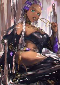 1girl ass bodypaint braid braided_ponytail breasts cleavage corset curvy dark-skinned_female dark_skin dolores_(kof) dress female_focus glasses gold green_eyes highres jewelry large_breasts liquid long_hair looking_at_viewer mud multicolored_hair panties phantom_pika purple_hair round_eyewear the_king_of_fighters thick_thighs thighs two-tone_hair underwear water wet white_hair wide_hips