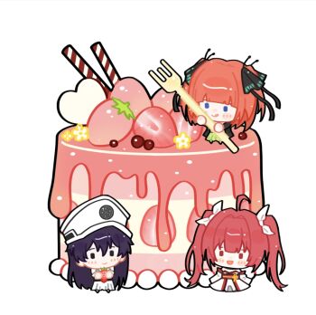 3girls :d :q ahoge bambietta_basterbine birthday_cake black_hair black_ribbon bleach blunt_bangs blush bow cake chibi chibi_only closed_mouth commentary crossover date_a_live deadman70232800 detached_sleeves dress food fork fruit go-toubun_no_hanayome green_skirt hair_between_eyes hair_bow hair_intakes hair_ribbon hat heart holding holding_food holding_fork holding_fruit itsuka_kotori long_hair looking_at_viewer multiple_girls nakano_nino open_mouth red_hair ribbon school_uniform simple_background skirt sleeveless sleeveless_dress smile strawberry strawberry_slice taketatsu_ayana tongue tongue_out twintails two_side_up very_long_hair voice_actor_connection white_background white_bow white_dress white_hat white_skirt wide_sleeves
