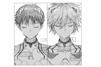 2boys closed_eyes closed_mouth column_lineup commentary_request english_text facing_viewer greyscale hair_between_eyes ikari_shinji interface_headset_(evangelion) male_focus mecha_pilot_suit monochrome multiple_boys nagisa_kaworu neon_genesis_evangelion plugsuit_(evangelion) short_hair split_screen upper_body wan_wan_shuijiao