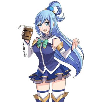 1girl :d aqua_(konosuba) artist_name blue_dress blue_eyes blue_hair breasts cowboy_shot cup dress drink hair_ornament holding holding_cup holding_drink kono_subarashii_sekai_ni_shukufuku_wo! liquid long_hair looking_at_viewer merotenshi open_mouth pale_skin signature simple_background smile solo teeth thighhighs upper_teeth_only white_background wooden_cup