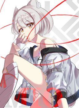 1girl animal_ear_fluff animal_ears bare_legs bare_shoulders camisole cat_ears cat_girl character_name chest_jewel commentary_request fingerless_gloves from_side gloves grey_hair grey_jacket highres jacket lb-little_bird looking_at_viewer mio_(xenoblade) off_shoulder short_hair skirt solo white_background white_camisole white_gloves white_skirt xenoblade_chronicles_(series) xenoblade_chronicles_3 yellow_eyes