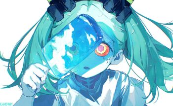 1girl artificial_eye colored_sclera colored_skin cyberpunk:_edgerunners cyberpunk_(series) cyborg food green_hair holding holding_food holding_popsicle l1m3candy long_hair mechanical_eye neck_tattoo open_mouth popsicle rebecca_(cyberpunk) red_sclera shirt simple_background solo t-shirt tattoo twintails white_background white_shirt white_skin