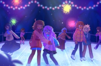 3boys 6+girls antenna_hair aubrey_(faraway)_(omori) aubrey_(omori) basil_(faraway)_(omori) basil_(omori) black_hair black_pants black_pantyhose black_skirt blonde_hair blue_eyes blue_hair blue_scarf blue_shorts blunt_bangs blurry blurry_background blurry_foreground blush braid brown_coat brown_hair brown_pants brown_pantyhose brown_skirt closed_eyes closed_mouth coat commentary dark-skinned_female dark-skinned_male dark_skin donuqx double-parted_bangs earmuffs english_commentary fireworks flower glasses gradient_hair green_coat green_scarf hair_between_eyes hair_flower hair_ornament highres hood hood_down hooded_coat ice_skates ice_skating kel_(faraway)_(omori) kel_(omori) long_hair long_skirt long_sleeves medium_hair mincy_(omori) mole mole_under_eye multicolored_hair multiple_boys multiple_girls o_o omori open_mouth orange_coat original pants pantyhose pink_coat pink_hair pleated_skirt polka_dot polka_dot_scarf rectangular_eyewear red-framed_eyewear red_coat red_scarf roots_(hair) scarf shorts single_braid skates skating skating_rink skirt smile striped_clothes striped_scarf sunny_(omori) two-tone_hair vertical-striped_clothes vertical-striped_scarf vix_(donuqx)