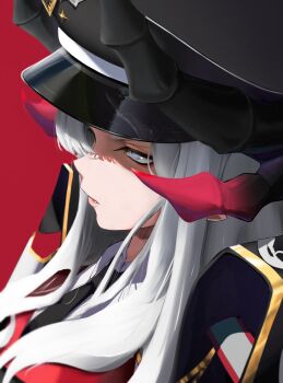 1girl black_hat black_horns black_necktie blue_archive blue_eyes close-up collared_shirt commentary demon_horns from_side gradient_horns grey_hair halo hat highres horns long_hair makoto_(blue_archive) migeru690 multicolored_horns multiple_horns necktie parted_lips peaked_cap pointy_ears portrait red_background red_halo shade shirt simple_background solo white_shirt