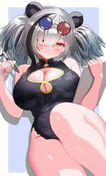 1girl animal_ears arknights bare_arms bare_shoulders black_hair blue-tinted_eyewear blush border breasts china_dress chinese_clothes cleavage cleavage_cutout clipboard closed_mouth clothing_cutout commentary_request dress drop_shadow eyewear_on_head fang feater_(arknights) grey_hair hair_over_one_eye heterochromatic_eyewear highres holding holding_clipboard holding_pen large_breasts looking_at_viewer medium_hair microdress multicolored_hair orange_eyes outside_border pen red-tinted_eyewear round_eyewear sgt_syunkai2_(myyards) skin_fang sleeveless sleeveless_dress smile solo streaked_hair tinted_eyewear white_border