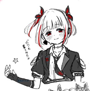 1girl alternate_costume bow closed_mouth collared_shirt commentary cropped_torso diagonal_bangs elbow_gloves fingerless_gloves gloves greyscale hair_bow heart i_do_me!_(love_live!) jacket link!_like!_love_live! looking_at_viewer loose_necktie love_live! monochrome multicolored_hair necktie okome_(okome_l_l) open_clothes open_jacket paint_chat_(medium) red_bow red_eyes red_hair shirt short-sleeved_jacket short_hair short_sleeves simple_background smile solo split_mouth spoken_heart star_(symbol) streaked_hair translation_request virtual_youtuber white_background yugiri_tsuzuri