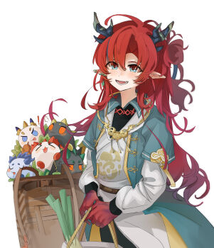 Rule 34 | 1boy, :d, absurdres, anger vein, annotated, arknights, bag, black horns, blue eyes, blush, chinese commentary, chongyue (arknights), colored extremities, commentary request, dragon bean (arknights), dusk (arknights), eyes visible through hair, fang, food, grey horns, hair between eyes, hair intakes, highres, holding, holding bag, horns, layered sleeves, ling (arknights), long hair, long sleeves, male focus, nian (arknights), official alternate costume, open mouth, pointy ears, puppyama04, red hair, short over long sleeves, short sleeves, shu (arknights), simple background, smile, solo, white background, yu (arknights), yu (clear morning view) (arknights)