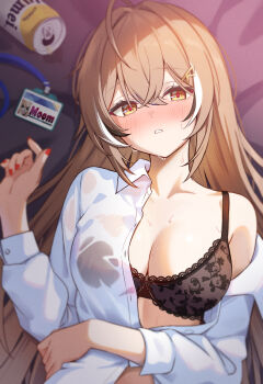 1girl ahoge bed_sheet black_bra black_streaks blush bra breasts brown_eyes brown_hair chahanramen cleavage collared_shirt commentary crossed_bangs double-parted_bangs dress_shirt hair_between_eyes hair_ornament hairclip highres hololive hololive_english id_card lace lace_bra lanyard large_breasts long_hair long_shirt looking_at_viewer lying multicolored_hair nanashi_mumei nightmare_(nanashi_mumei) on_back on_bed open_mouth parted_lips shirt single_off_shoulder solo streaked_hair underwear upper_body virtual_youtuber wet wet_clothes wet_shirt white_shirt white_streaks