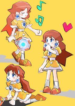 1girl absurdres brown_hair closed_eyes dress earrings flower_earrings heart highres jewelry mario_(series) mario_tennis mario_tennis_(nintendo_64) multiple_views musical_note nintendo open_mouth orange_background orange_shoes princess_daisy racket rakugaki_shitagari-ya shoes simple_background smile socks sweatdrop tennis_racket white_socks yellow_dress