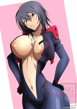 1girl absurdres artist_name black_hair bodysuit breasts cleavage code_geass code_geass:_boukoku_no_akito collarbone female_focus hands_on_own_hips highres jewelry kousaka_ayano large_breasts light_blush lips mecha_pilot_suit medium_hair necklace railtracer8888 shiny_skin simple_background unzipped