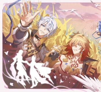 Rule 34 | 2boys, absurdres, antenna hair, arm tattoo, armlet, armor, bird, black choker, black coat, black gloves, black shirt, blonde hair, blue eyes, braid, chest tattoo, chinese commentary, choker, clawed gauntlets, coat, commentary request, earrings, facial tattoo, fingerless gloves, gloves, gold earrings, gold necklace, gradient hair, highres, holding hands, honkai: star rail, honkai (series), jewelry, male focus, medium hair, multicolored hair, multiple boys, mydei (honkai: star rail), neck tattoo, necklace, open clothes, open coat, parted bangs, pauldrons, phainon (honkai: star rail), red hair, red tattoo, shirt, short hair, shoulder armor, side braid, single glove, single pauldron, sun symbol, sun tattoo, tan, tattoo, wheat field, white coat, white hair, yaoi, yellow eyes, yinghuacanluo