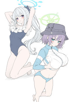 2girls absurdres armpits arms_behind_head arms_up barefoot bikini bikini_bottom_only black_hat blue_archive blue_bikini blue_halo blue_jacket blue_one-piece_swimsuit blush bob_cut breasts bucket_hat casual_one-piece_swimsuit closed_mouth commentary covered_navel cropped_jacket feet flat_color frilled_one-piece_swimsuit frills grabbing_own_breast green_eyes green_halo halo hat highres jacket kneeling large_breasts legs long_hair long_sleeves looking_at_viewer miyako_(blue_archive) miyako_(swimsuit)_(blue_archive) multicolored_jacket multiple_girls navel off-shoulder_one-piece_swimsuit off_shoulder official_alternate_costume official_alternate_hairstyle one-piece_swimsuit ponytail purple_eyes purple_hair raglan_sleeves rash_guard saki_(blue_archive) saki_(swimsuit)_(blue_archive) short_hair simple_background standing standing_on_one_leg swimsuit symbol-only_commentary t1kosewad thighs two-tone_jacket v-shaped_eyebrows wet white_background white_jacket