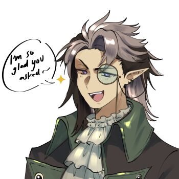 1boy ascot brown_hair commentary crimzon_ruze ear_piercing english_commentary english_text green_jacket grey_ascot highres holostars holostars_english jacket looking_at_viewer male_focus medium_hair monocle open_mouth piercing pointy_ears purple_eyes ryuuxin simple_background smile solo speech_bubble talking upper_body virtual_youtuber white_background