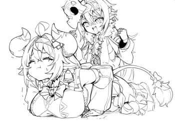 2girls ahoge animal_ears bow braid breasts cheering clenched_hands closed_eyes cow_ears cow_horns cow_tail ear_bell exercising genshin_impact horns iansan_(genshin_impact) jewelry large_breasts long_hair monochrome multiple_girls nnnutreu04 pendant pointy_ears push-ups skull_on_head tail twin_braids varesa_(genshin_impact)