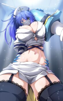 Rule 34 | 1girl, absurdres, annes (g (genesis1556)), blue eyes, blue hair, breasts, claws, commentary request, covered mouth, dragon claw, dragon girl, dragon horns, dragon tail, eyepatch, g (genesis1556), garter belt, garter straps, hair between eyes, hat, highres, holding, holding syringe, horns, large breasts, large syringe, long hair, mask, monster girl, mouth mask, navel, nurse, nurse cap, original, oversized object, ponytail, scales, scar, standing, surgical mask, syringe, tail