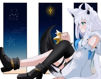 Rule 34 | 1girl, ahoge, animal ear fluff, animal ear piercing, animal ears, asymmetrical legwear, black boots, black shorts, black thighhighs, blue bow, blue neckerchief, boots, bow, braid, braided sidelock, constellation, crossed bangs, crown, detached sleeves, double-parted bangs, ear piercing, facing away, foot against wall, fox ears, fox girl, fox tail, full body, gradient background, gradient sky, green eyes, hair between eyes, hato san33, highres, holding, holding crown, hololive, hood, hoodie, light blush, long hair, long sidelocks, looking at object, multicolored tail, neckerchief, night, off shoulder, paneled background, piercing, profile, shirakami fubuki, shirakami fubuki (1st costume), shorts, sidelocks, single braid, single thighhigh, sitting, sky, solo, star (sky), star (symbol), starry sky, starry sky background, tail, thigh strap, thighhighs, two-tone tail, virtual youtuber, white hair, white hoodie, white sleeves, wide sleeves