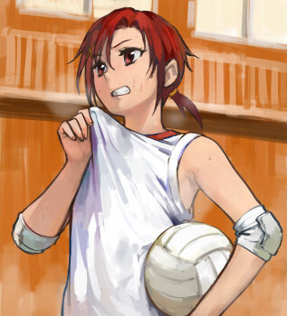 1girl b_suke ball clenched_teeth commentary_request elbow_pads hair_ornament hino_akane_(smile_precure!) holding holding_ball ponytail precure red_eyes red_hair smile_precure! solo sportswear steaming_body sweat teeth upper_body volleyball volleyball_uniform x_hair_ornament