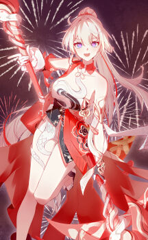 1girl absurdres aerial_fireworks bare_shoulders blue_eyes breasts chinese_commentary commentary_request dress fireworks highres holding honkai_(series) honkai_impact_3rd kiana_kaslana kiana_kaslana_(ba-dum!_fiery_wishing_star) large_breasts night night_sky open_mouth outdoors ponytail shiyan_w sky smile solo white_dress white_hair