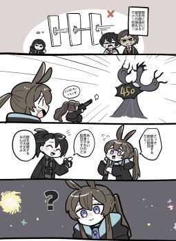 Rule 34 | 3boys, 4girls, amiya (arknights), animal ears, arknights, black hair, blue eyes, brown hair, commentary request, distortion (project moon), full-stop office (identity) (project moon), gun, heathcliff (project moon), highres, hong lu (project moon), kojocho05, limbus company, mayors (project moon), multiple boys, multiple girls, outis (project moon), project moon, rabbit ears, sweat, translation request, weapon, yi sang (project moon), zena (project moon)