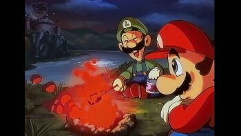 1990s_(style) bothers campoing castle facial_hair fire food gloves grass hat highres lake luigi mario mario_(series) marshmallow mustache night night_sky nintendo overalls retro_artstyle shoes sitting sky smile super_mario_bros._1 yinyanggio14