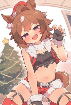 1girl alternate_color animal_ears belt black_belt black_garter_straps black_gloves black_shirt blush breasts brown_hair christmas_tree claw_pose commentary_request double-parted_bangs fingerless_gloves garter_straps gloves hat highres horse_ears horse_girl horse_tail indoors kneeling looking_at_viewer multicolored_hair navel open_mouth purple_eyes red_hat red_thighhighs red_vest rotasu_(rotasqqfv) santa_hat shinko_windy_(umamusume) shinko_windy_(wicked_punk)_(umamusume) shirt short_hair short_shorts shorts small_breasts solo stomach streaked_hair tail thighhighs umamusume vest white_hair