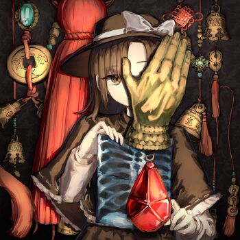 1girl abstract_background bell black_capelet black_hat black_skirt blue_gem bow brown_eyes brown_hair capelet commentary_request crystal disembodied_hand frilled_capelet frills gem grey_background hat hat_bow highres ika_(ikachan_334) long_sleeves looking_at_viewer one_eye_covered ribbon-trimmed_cape shirt short_hair skirt solo tassel touhou upper_body usami_renko white_bow white_shirt x-ray_film