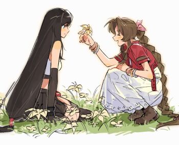 2girls aerith_gainsborough bangle bare_shoulders black_bra black_gloves black_hair black_skirt black_thighhighs blush boots bra bracelet braid braided_ponytail breasts brown_boots brown_hair closed_eyes crop_top cropped_jacket dress elbow_gloves final_fantasy final_fantasy_vii final_fantasy_vii_rebirth final_fantasy_vii_remake flower full_body gloves hair_ribbon hair_tie hashtag-only_commentary holding holding_flower jacket jewelry light_blush lily_(flower) long_dress long_hair looking_at_viewer low-tied_long_hair medium_breasts midriff miniskirt multiple_girls open_mouth parted_bangs pink_ribbon red_jacket ribbon shirt short_sleeves shuisrs sidelocks single_braid sitting skirt sleeveless sleeveless_shirt smile sports_bra thighhighs tifa_lockhart underwear white_background white_shirt yellow_flower