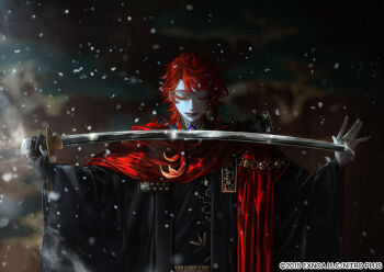 1boy au_(d_elete) black_haori black_kimono blurry blurry_background closed_mouth colored_eyelashes colored_skin commentary_request copyright_notice earrings expressionless eyebrow_piercing face_piercing fingerless_gloves gloves gold_nails haori holding holding_sword holding_weapon japanese_clothes jewelry katana kimono kunimune_saburou_(touken_ranbu) lip_piercing lip_ring long_hair long_sleeves male_focus motion_blur multiple_rings nitroplus obi official_art piercing print_kimono red_hair red_scarf ring sash scarf second-party_source sidelighting single_earring single_fingerless_glove snowing solo spiked_hair swept_bangs sword touken_ranbu upper_body weapon white_skin wide_sleeves wind