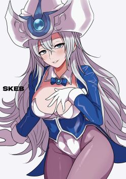 1girl blush breasts commission duel_monster gloves grey_background grey_hair hair_between_eyes hat highres long_hair looking_at_viewer pantyhose parted_lips silent_magician simple_background skeb_commission tailcoat wadatsumi_(sense11531153) white_gloves white_hat wizard_hat yu-gi-oh!