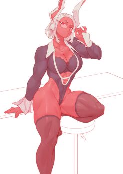 1girl abs adjusting_eyewear alternate_costume animal_ears black_bra black_leotard boku_no_hero_academia bra breasts cleavage collarbone collared_leotard commentary covered_navel dark-skinned_female dark_skin english_commentary glasses highleg highleg_leotard highres jewelry large_breasts leotard long_eyelashes long_sleeves looking_at_viewer mirko on_stool parted_bangs pendant rabbit_ears rabbit_girl rebigaki red_eyes short_hair sitting skindentation sleeves_past_wrists solo thick_thighs thighhighs thighs toned toned_female underwear white_hair