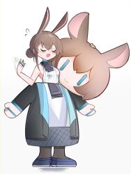 Rule 34 | 1girl, :d, afterimage, amiya (arknights), animal ears, arknights, ascot, black ascot, black jacket, blush, brown hair, closed eyes, dot nose, facing viewer, fanning self, flying sweatdrops, full body, hair between eyes, hair bun, hair tie, highres, holding mascot head, jacket, jewelry, mascot costume, mascot head, motion lines, multiple rings, open clothes, open jacket, open mouth, rabbit ears, rabbit girl, ring, shirt, short hair with long locks, sidelocks, simple background, sleeveless, sleeveless shirt, smile, solo, spam (spamham4506), sweat, white background, white shirt